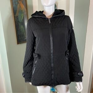 Blanc Noir Black Quilted Light Weight Coat Jacket Large L Hooded Hood Zip